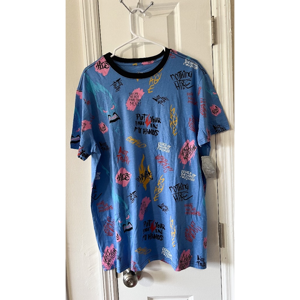 NEW Disney Hades Villain Graffiti Allover Text Graphic Print Blue T-shirt